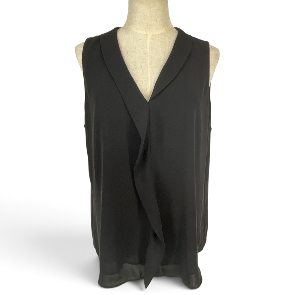 White House Black Market Black Sleeveless Ruffle Front V-Neck Blouse Large